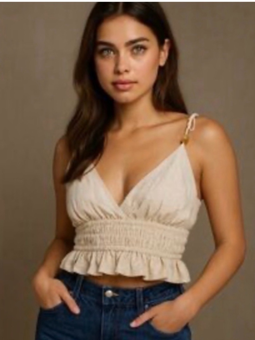 NWT Sim & Sam Beige Linen Ruffled & Wood Beaded Women's Halter/Tank Top - XL